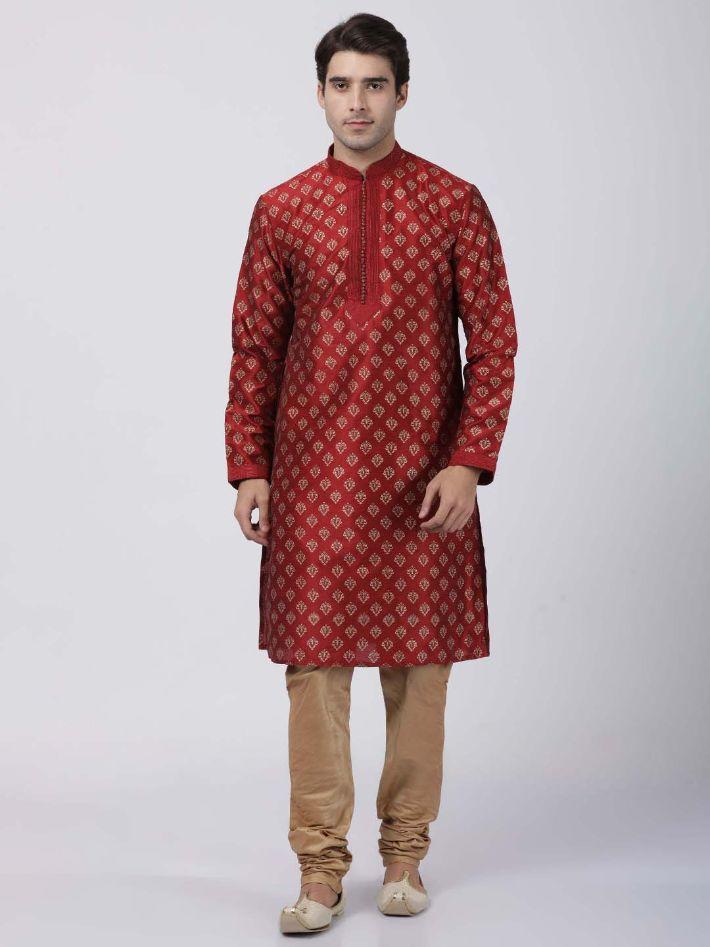 Vastramay Men's Maroon Silk Blend Kurta