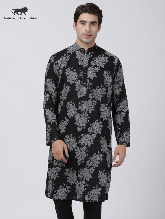 Vastramay Men's Black Printed Cotton Blend Kurta