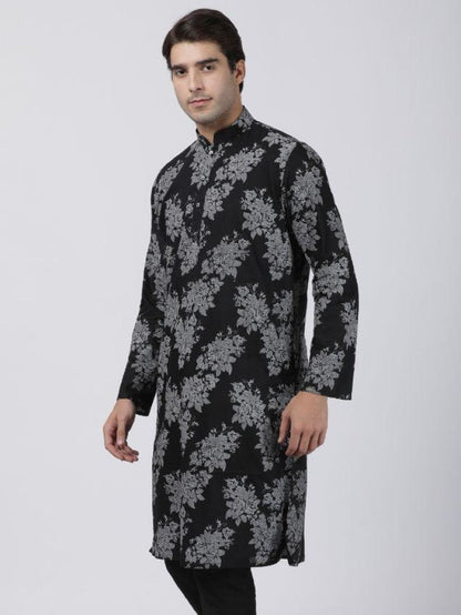 Vastramay Men's Black Printed Cotton Blend Kurta