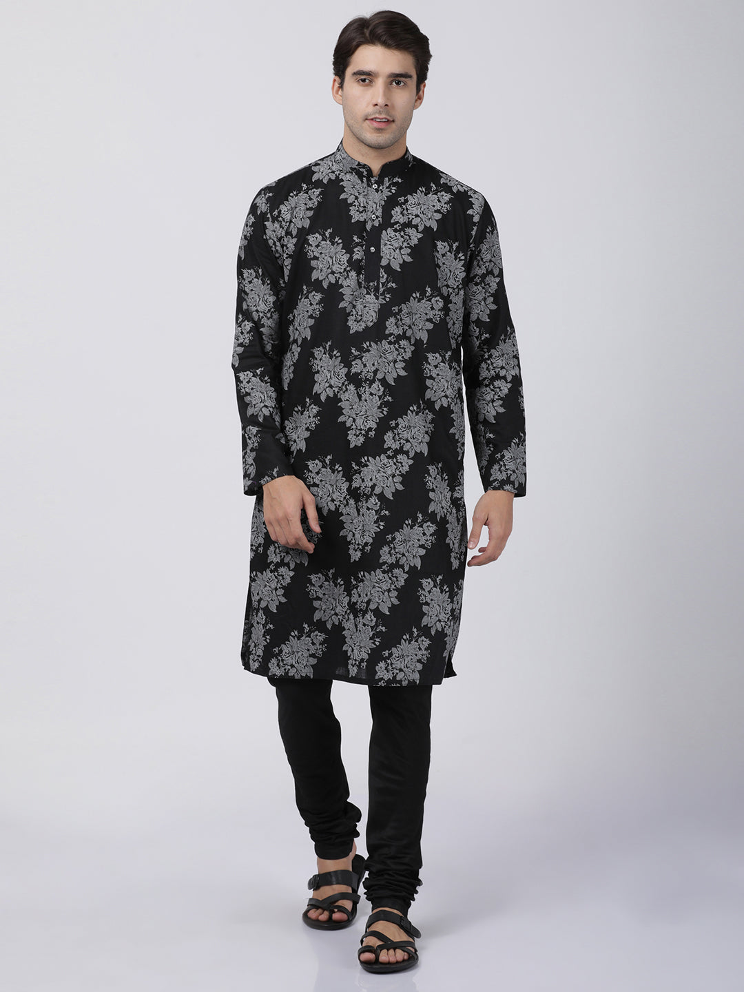 Vastramay Men's Black Printed Cotton Blend Kurta