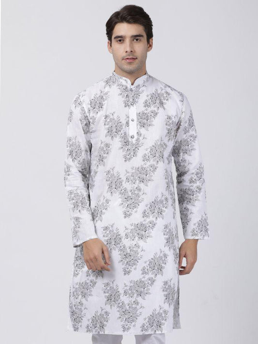 Vastramay Men's White Printed Cotton Blend Kurta