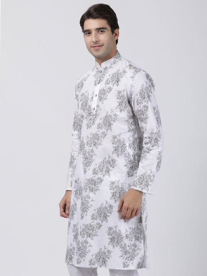 Vastramay Men's White Printed Cotton Blend Kurta