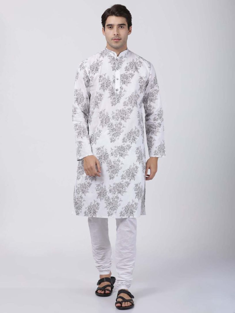 Vastramay Men's White Printed Cotton Blend Kurta