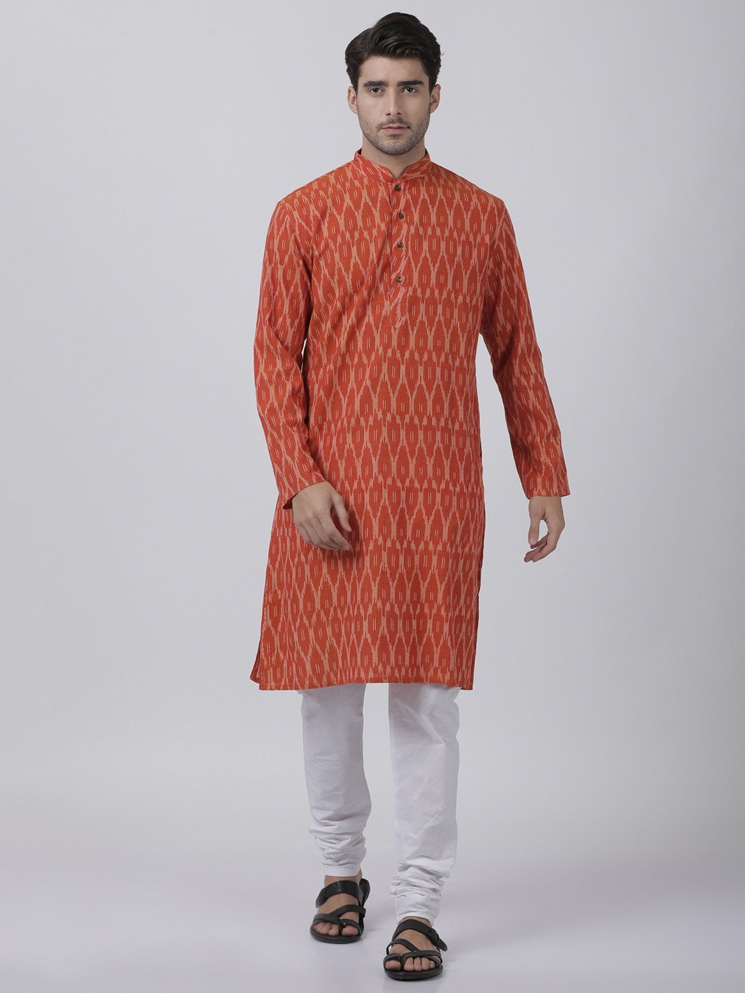 Vastramay Men's Orange Pure Cotton Kurta and Churidar Set