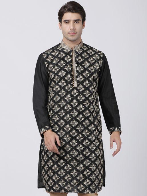 Vastramay Men's Black Cotton Silk Blend Kurta