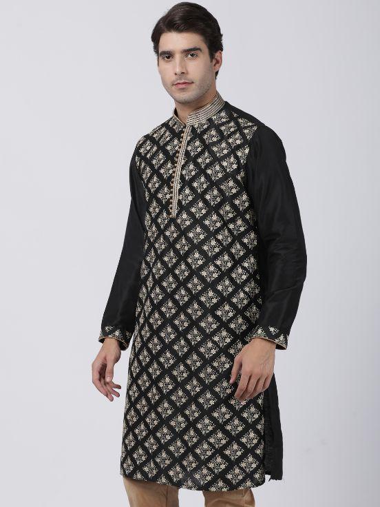 Vastramay Men's Black Cotton Silk Blend Kurta