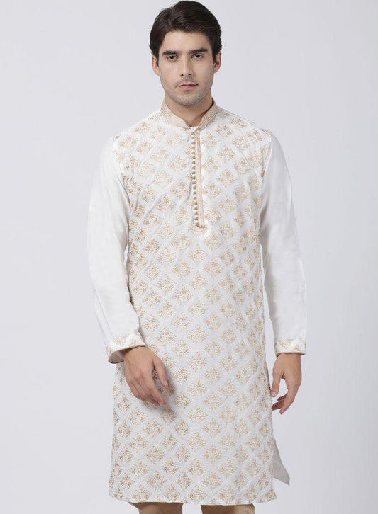 Vastramay Men's White Cotton Silk Blend Kurta