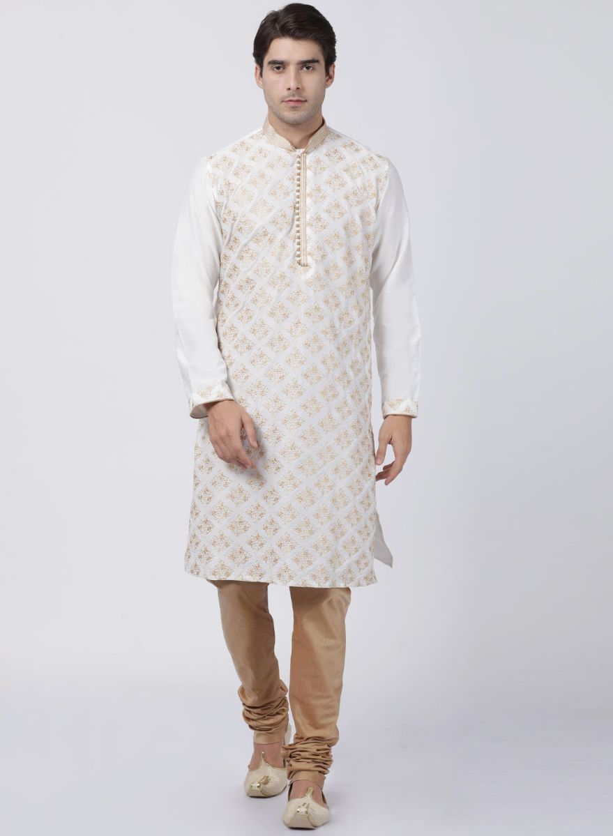 Vastramay Men's White Cotton Silk Blend Kurta