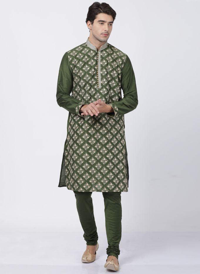 Vastramay Men's Green Cotton Silk Blend Kurta