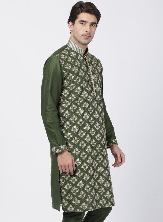 Vastramay Men's Green Cotton Silk Blend Kurta