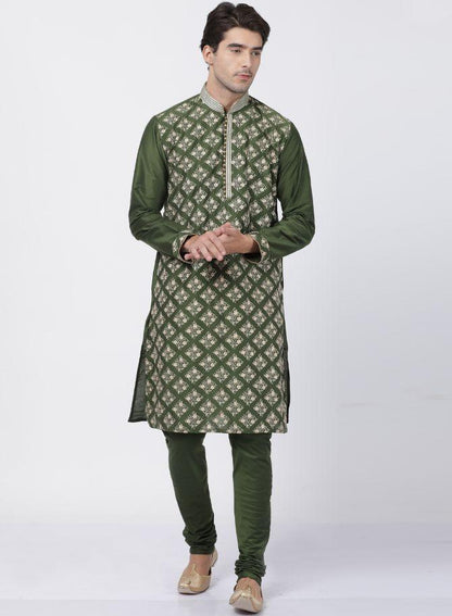 Vastramay Men's Green Cotton Silk Blend Kurta