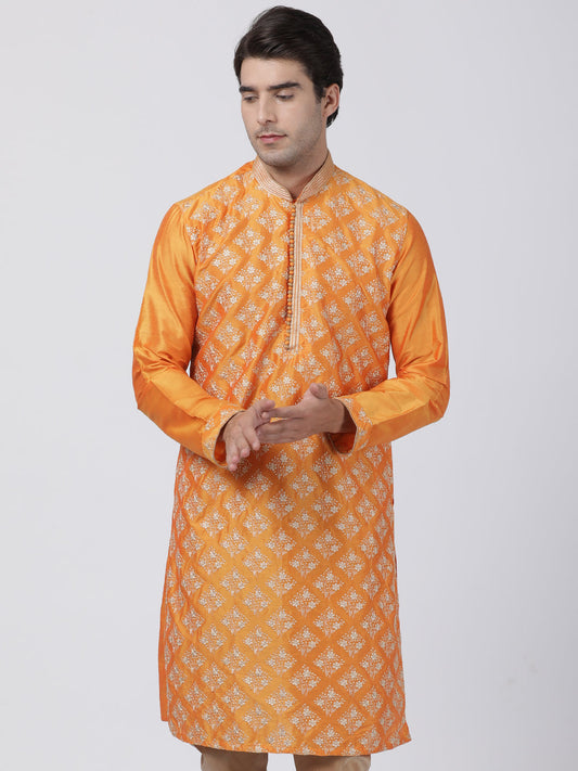 Vastramay Men's Orange Cotton Silk Blend Kurta