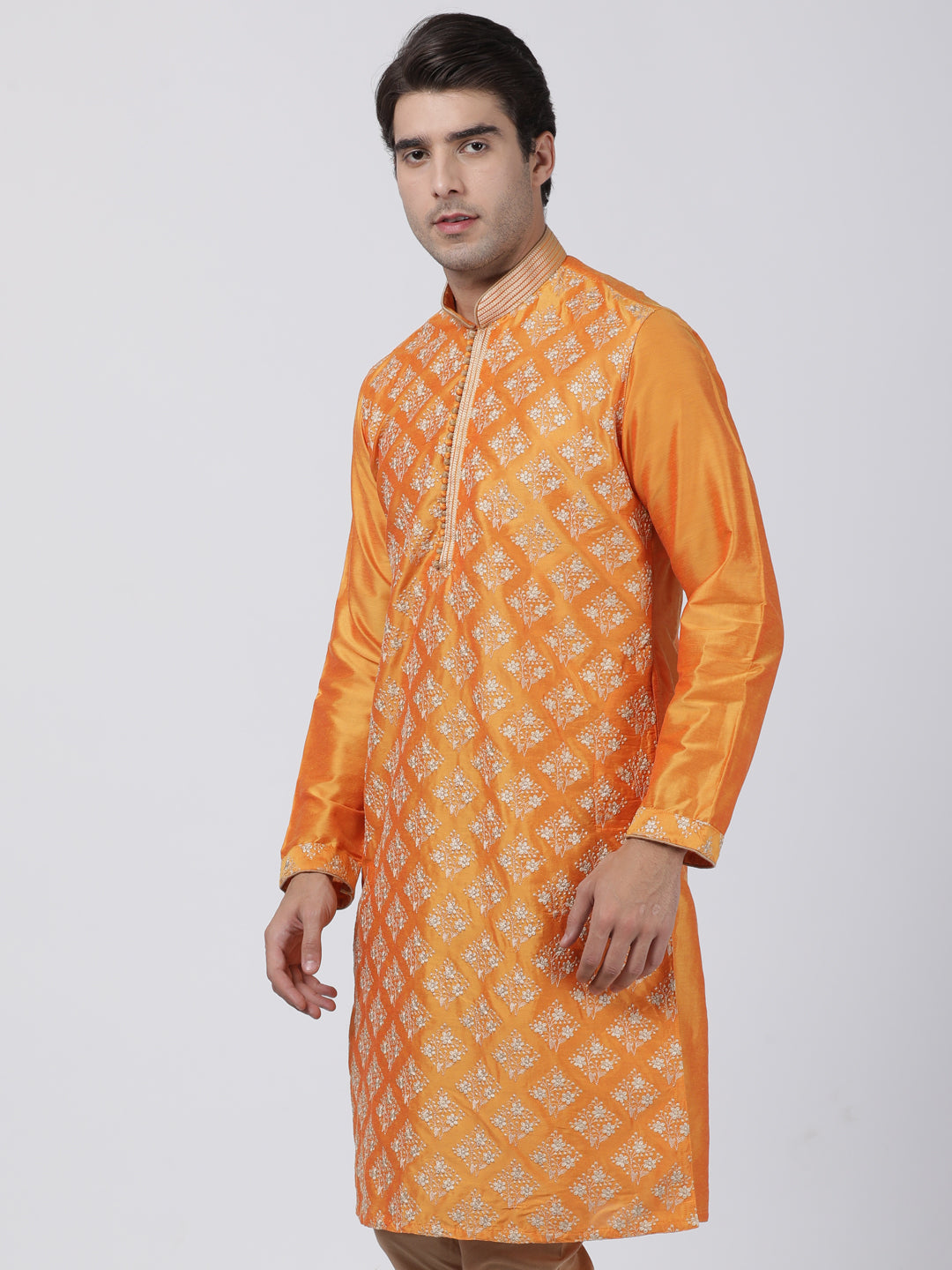 Vastramay Men's Orange Cotton Silk Blend Kurta