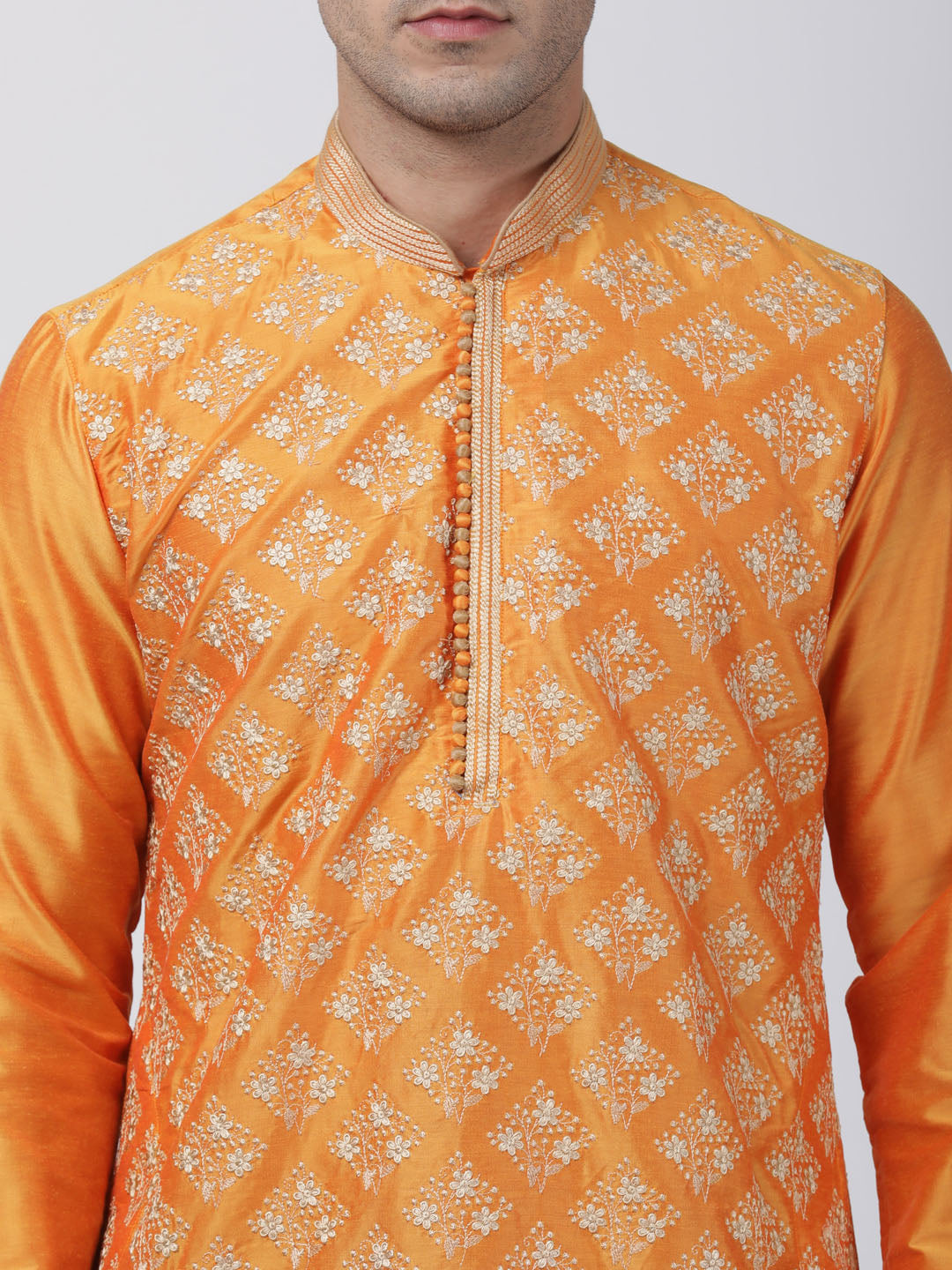 Vastramay Men's Orange Cotton Silk Blend Kurta