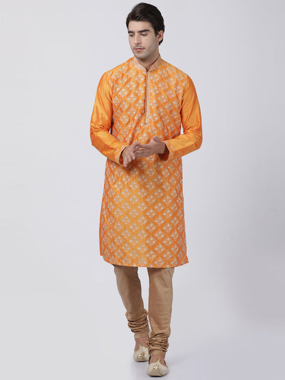 Vastramay Men's Orange Cotton Silk Blend Kurta