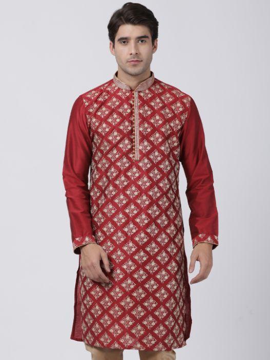 Vastramay Men's Red Cotton Silk Blend Kurta