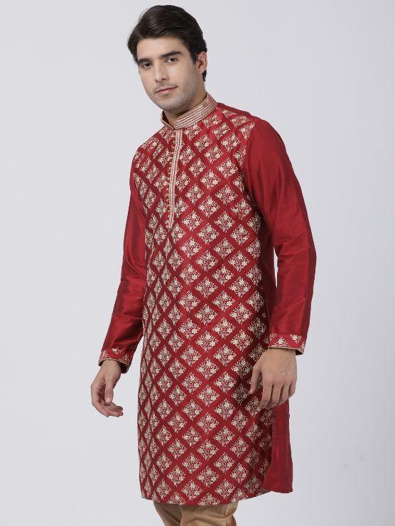 Vastramay Men's Red Cotton Silk Blend Kurta