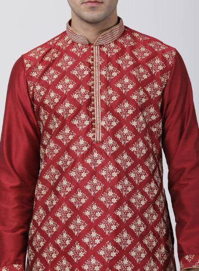 Vastramay Men's Red Cotton Silk Blend Kurta