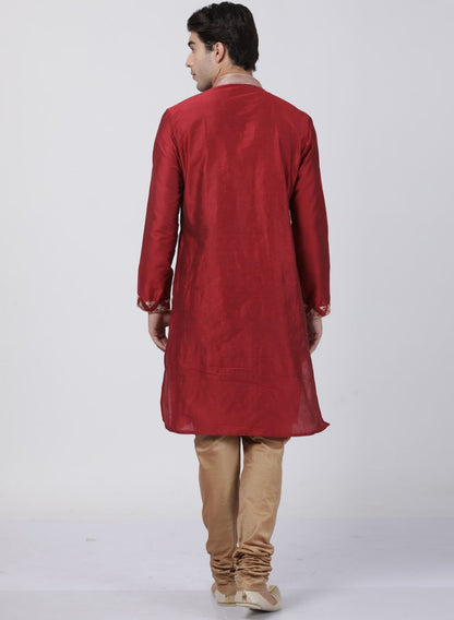 Vastramay Men's Red Cotton Silk Blend Kurta