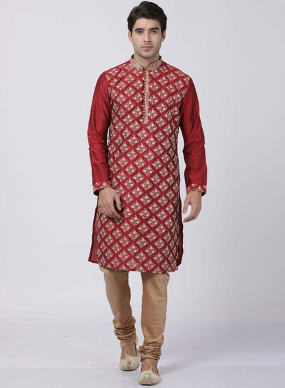 Vastramay Men's Red Cotton Silk Blend Kurta