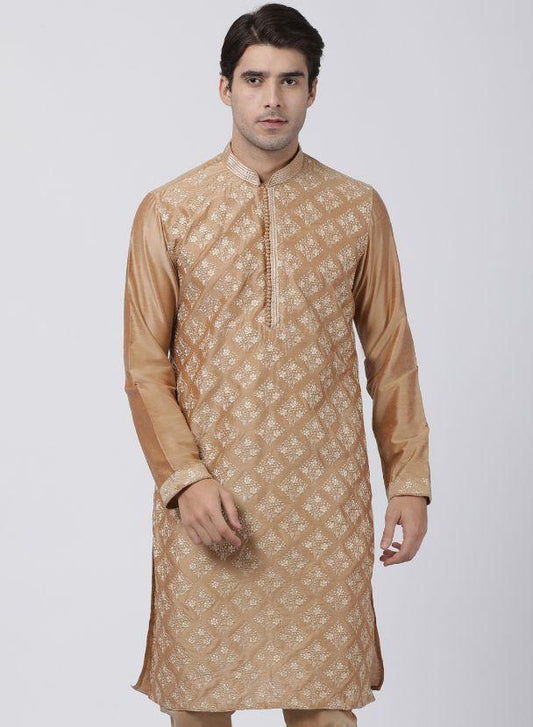 Vastramay Men's Gold Cotton Silk Blend Kurta