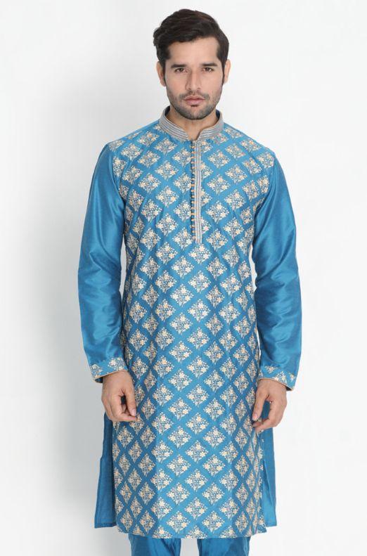 Vastramay Men's Dark Green Cotton Silk Blend Kurta