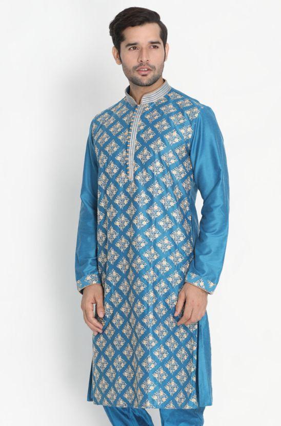 Vastramay Men's Dark Green Cotton Silk Blend Kurta