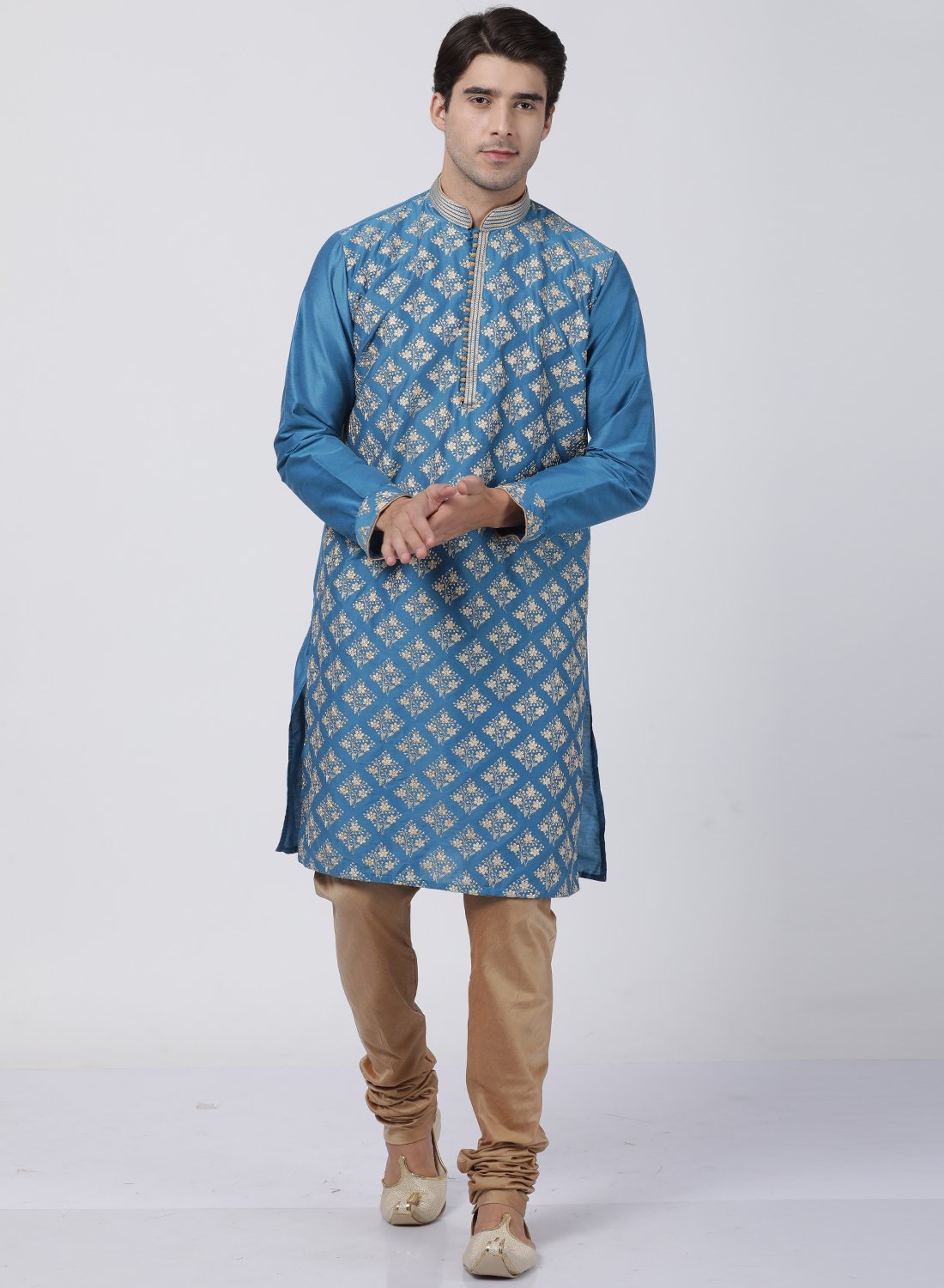 Vastramay Men's Turquoise Cotton Silk Blend Kurta and Churidar Set