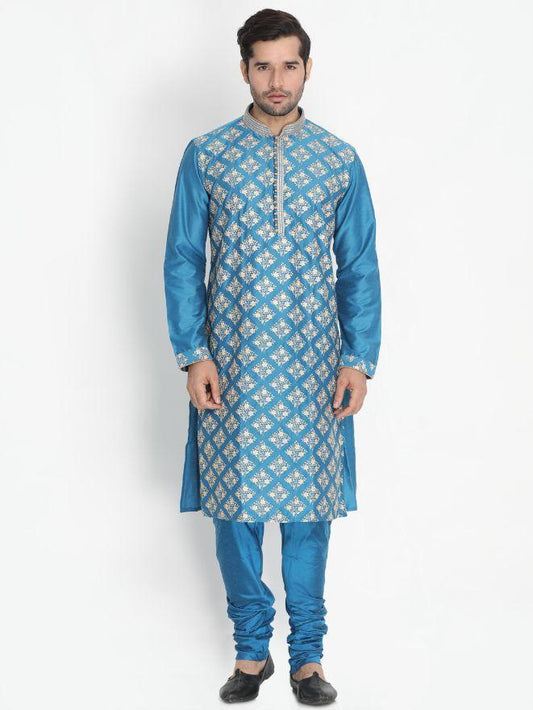 Vastramay Men's Blue Cotton Silk Blend Kurta and Pyjama Set