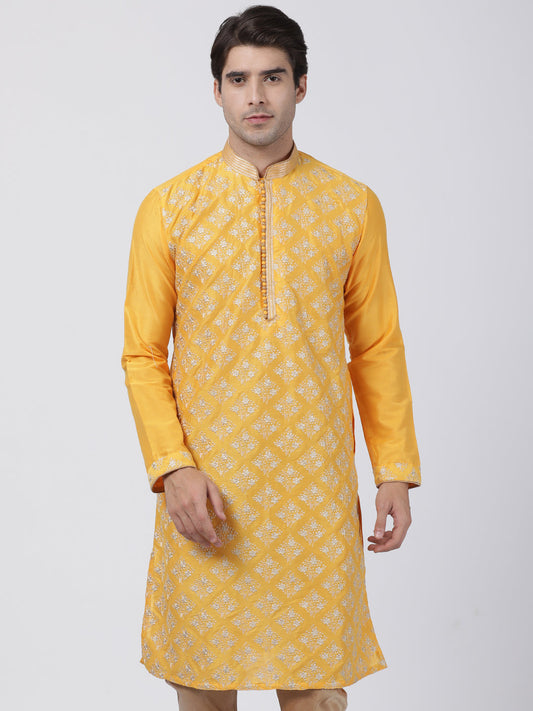 Vastramay Men's Yellow Cotton Silk Blend Kurta