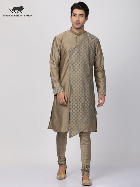 Vastramay Men's Copper-toned Cotton Silk Blend Kurta and Churidar Set