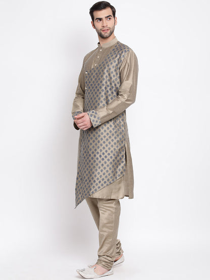 Vastramay Baap Beta Chiku Silk Blend Printed Angrakha Design Kurta Pyjama Set