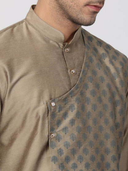 Vastramay Men's Copper-toned Cotton Silk Blend Kurta and Churidar Set