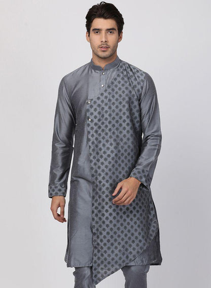 Vastramay  Men's Grey Cotton Silk Blend Kurta