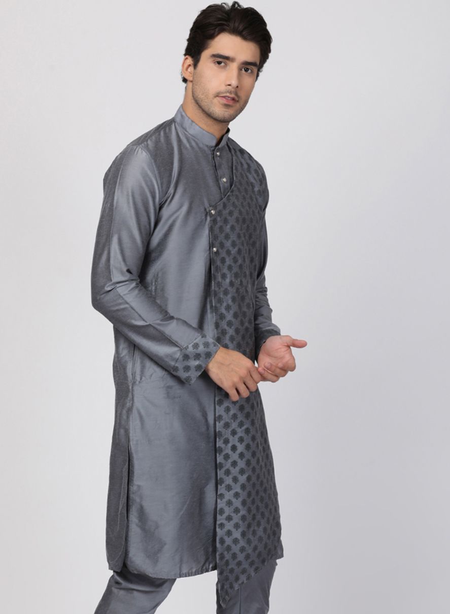 Vastramay  Men's Grey Cotton Silk Blend Kurta