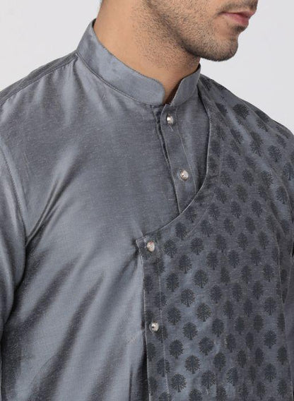 Vastramay  Men's Grey Cotton Silk Blend Kurta