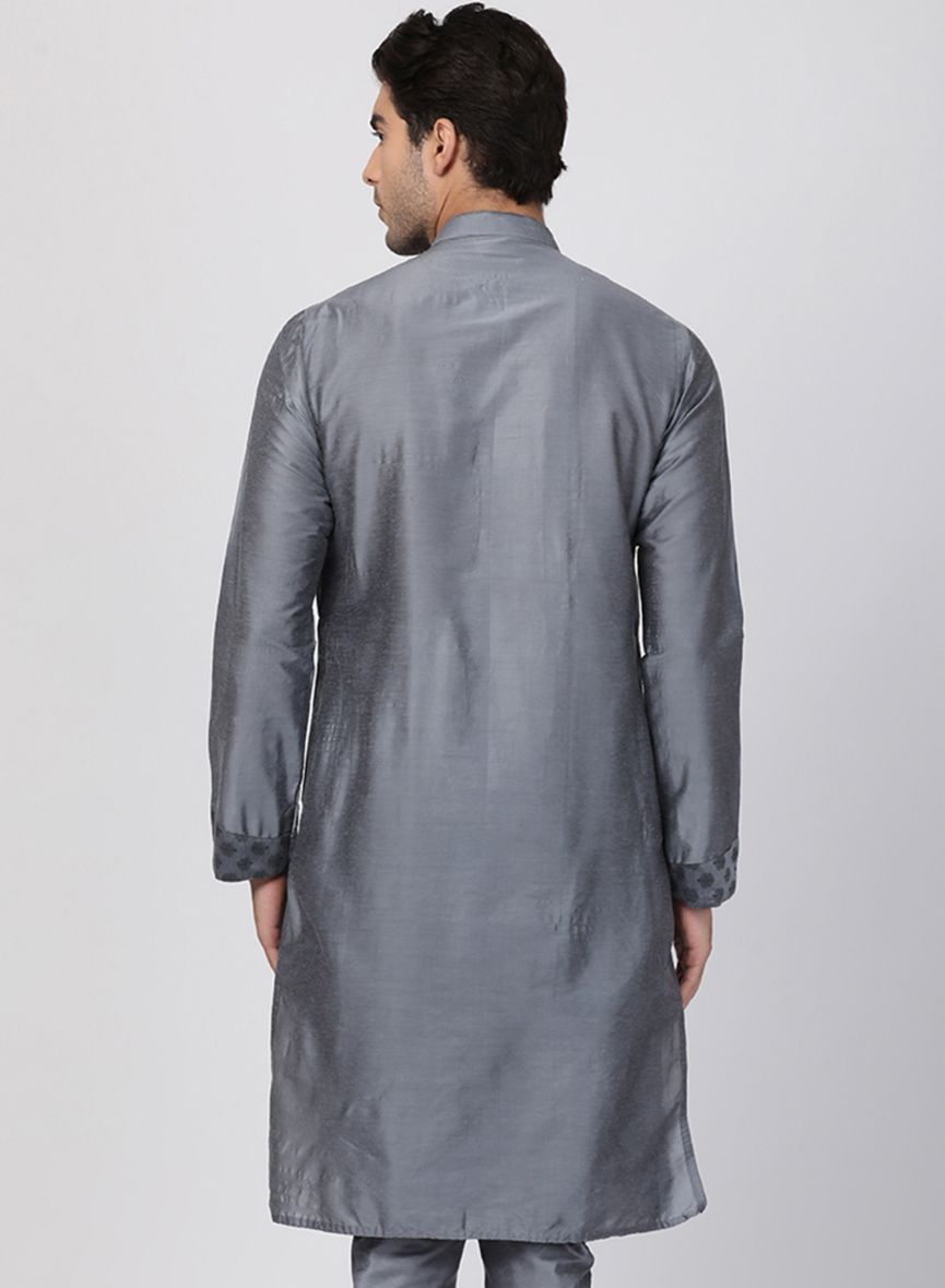 Vastramay  Men's Grey Cotton Silk Blend Kurta