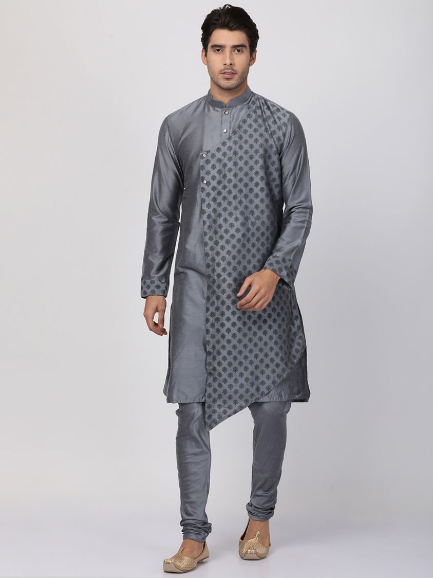 Vastramay  Men's Grey Cotton Silk Blend Kurta