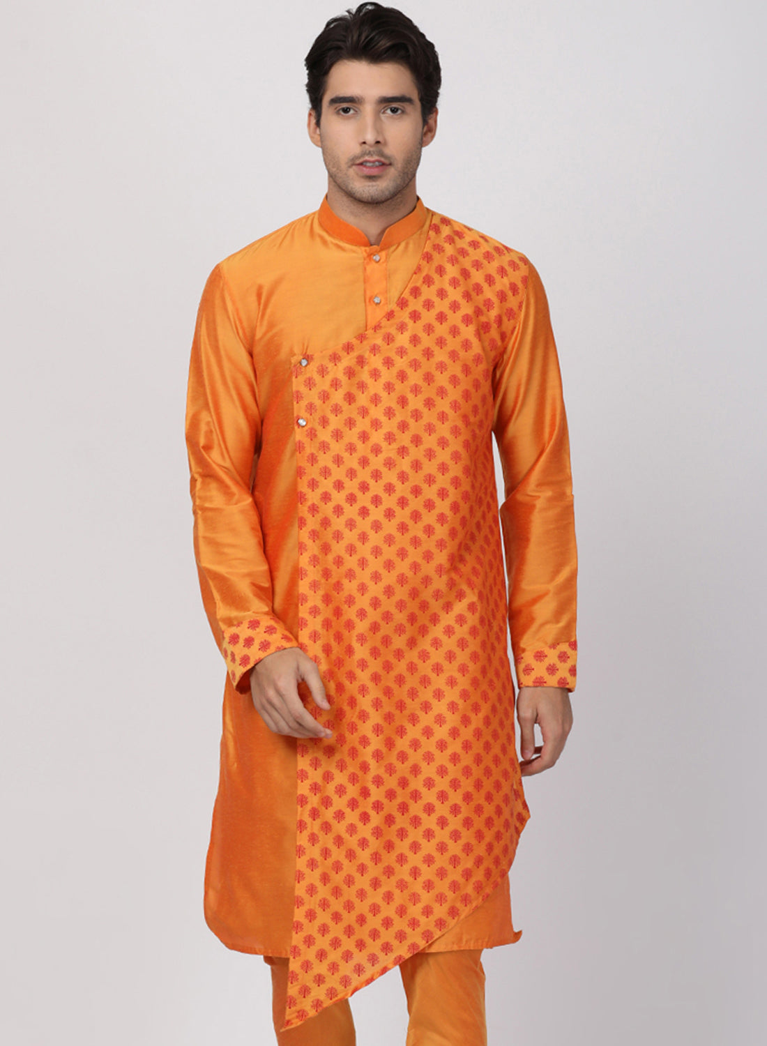 Vastramay  Men's Orange Cotton Silk Blend Kurta