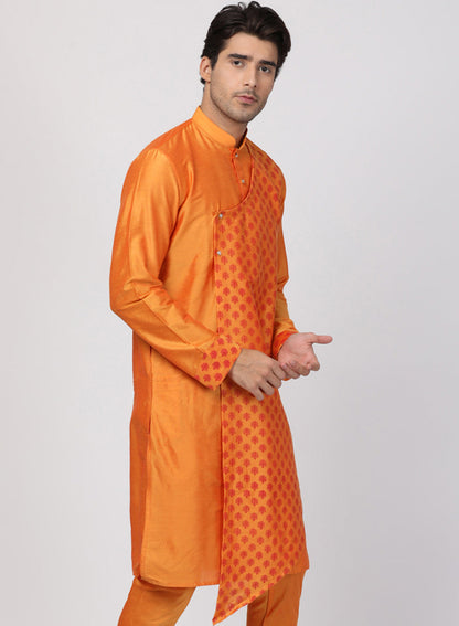 Vastramay  Men's Orange Cotton Silk Blend Kurta