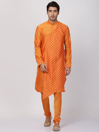 Vastramay Men's Orange Cotton Silk Blend Kurta and Churidar Set