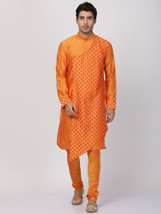 Vastramay Men's Orange Cotton Silk Blend Kurta and Churidar Set