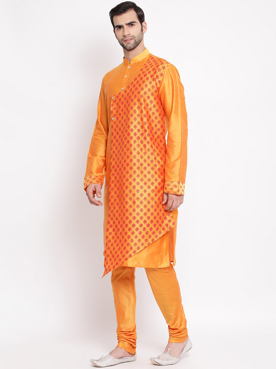 Vastramay Baap Beta Orange Silk Blend Printed Angrakha Design Kurta Pyjama Set