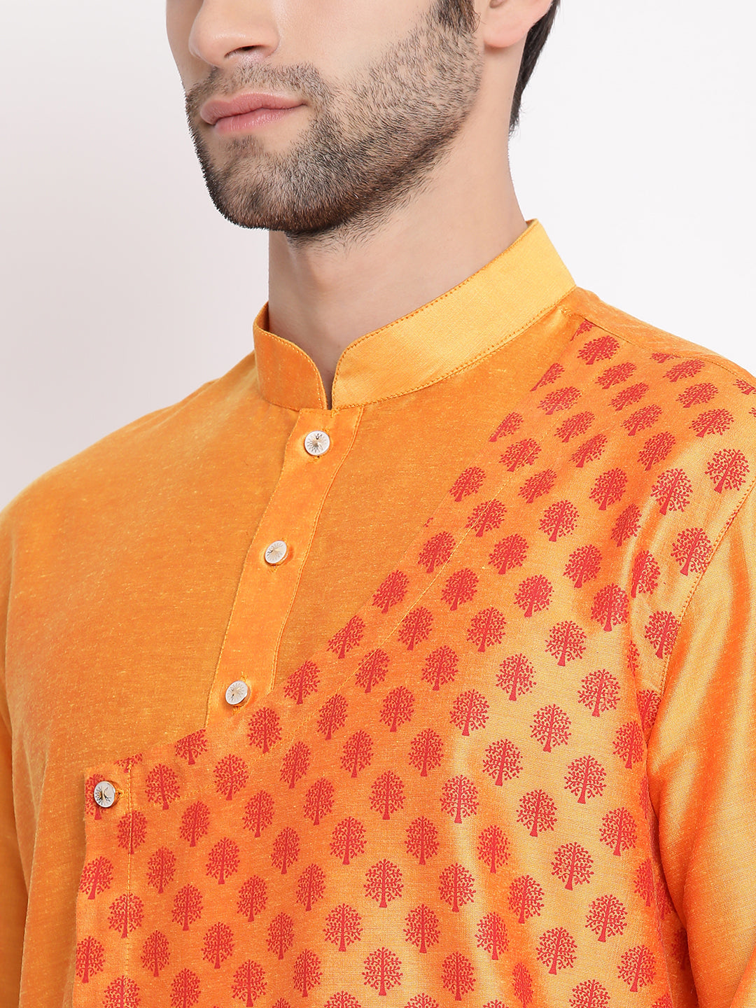 Vastramay Baap Beta Orange Silk Blend Printed Angrakha Design Kurta Pyjama Set