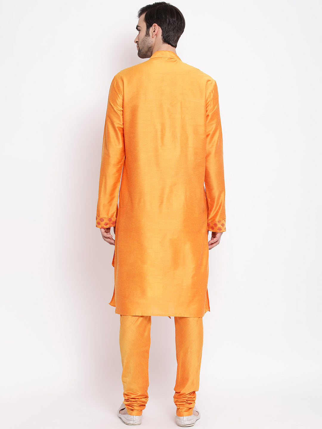 Vastramay Baap Beta Orange Silk Blend Printed Angrakha Design Kurta Pyjama Set