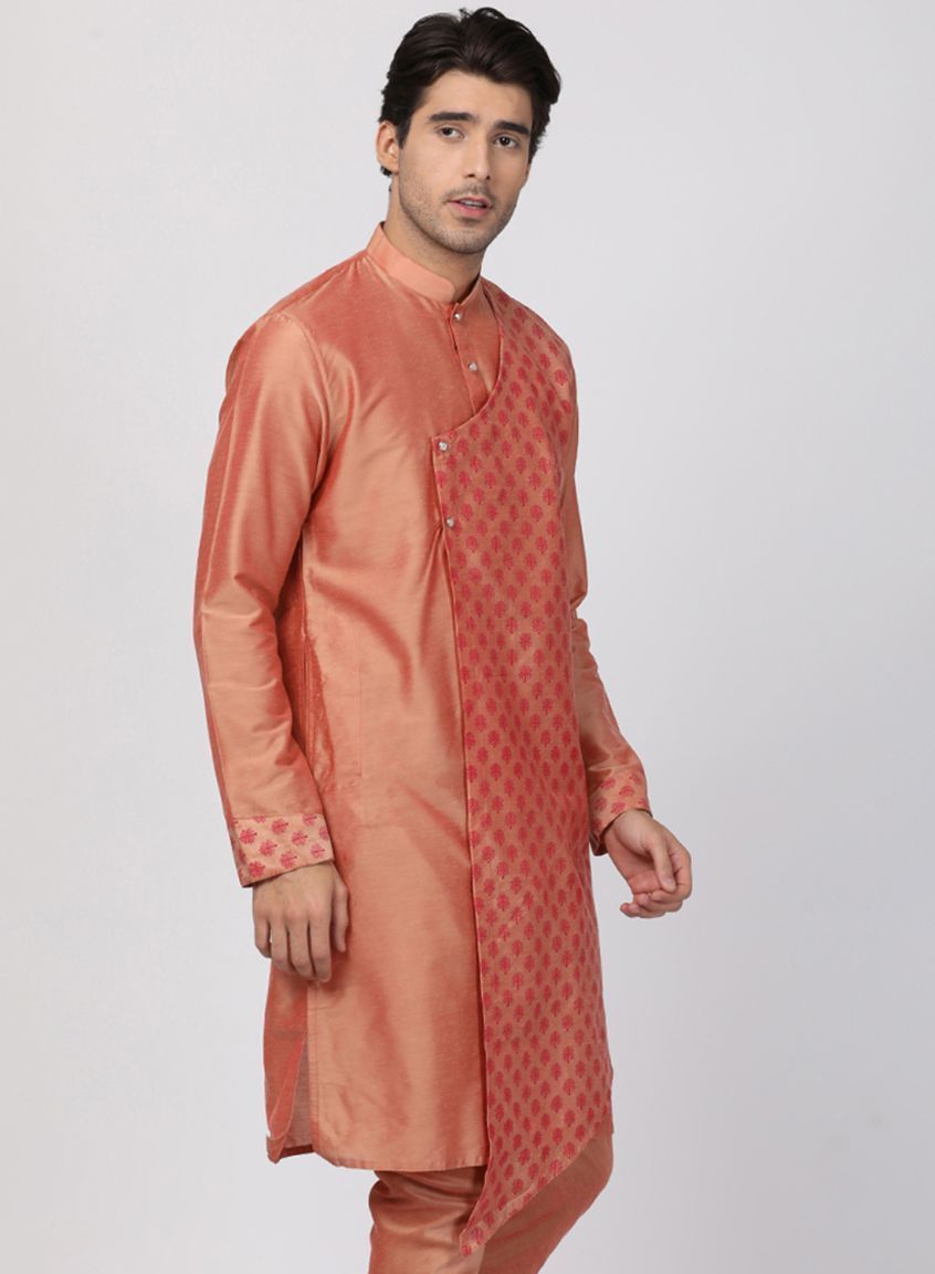 Vastramay Men's Peach Cotton Silk Blend Kurta