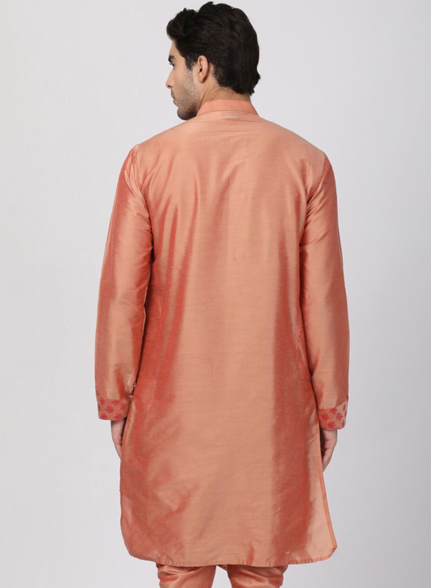 Vastramay Men's Peach Cotton Silk Blend Kurta