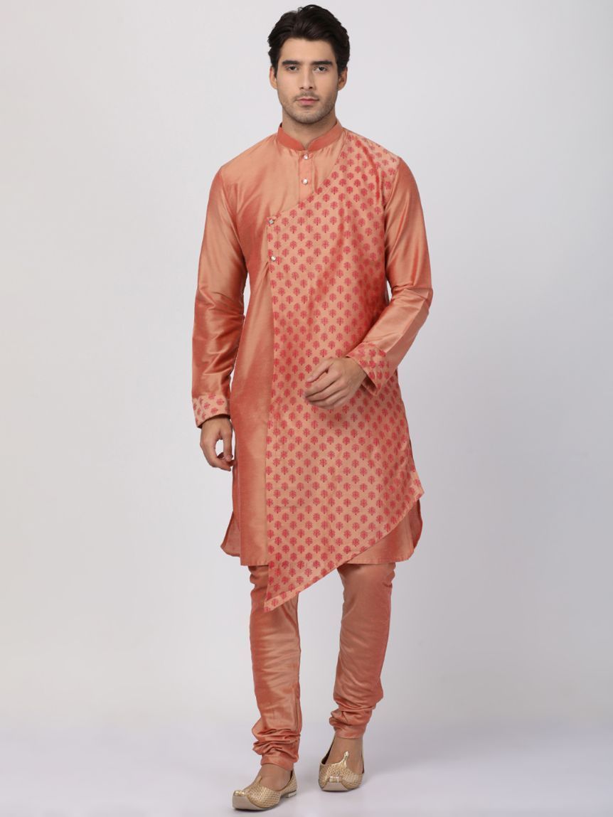 Vastramay Men's Peach Cotton Silk Blend Kurta