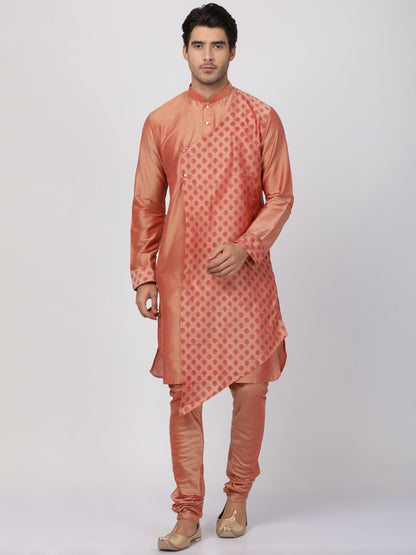 Vastramay Men's Peach Cotton Silk Blend Kurta and Churidar Set