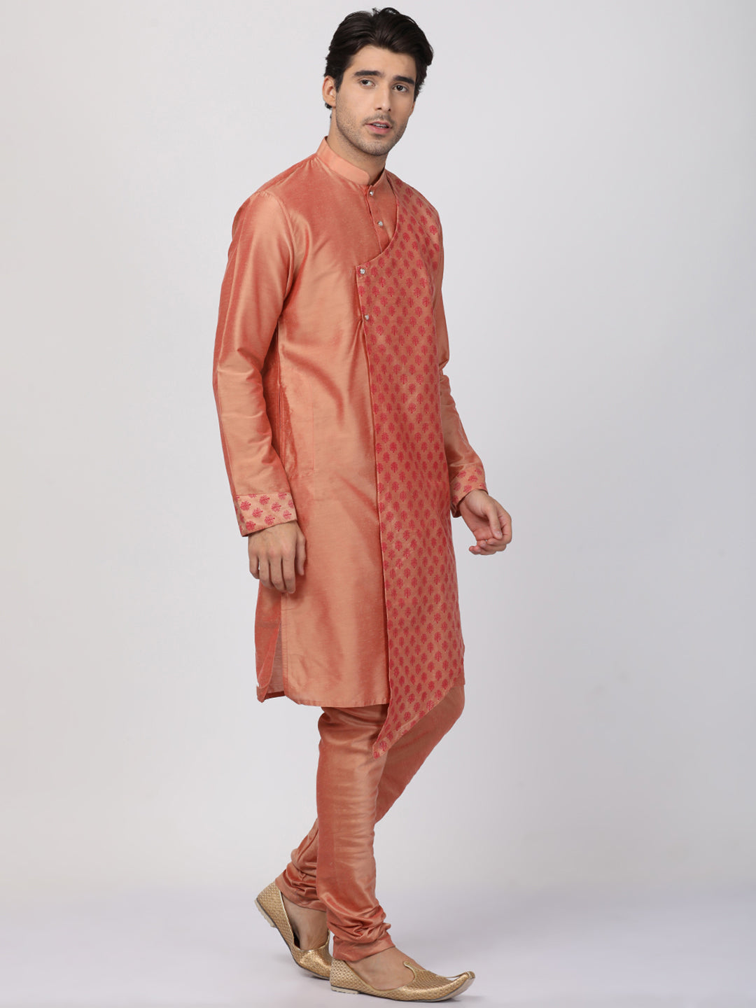 Vastramay Men's Peach Cotton Silk Blend Kurta and Churidar Set